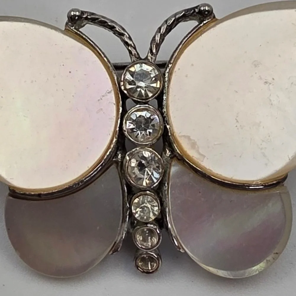 Monet Butterfly Brooch Mother of Pearl Rhinestone Silver Tone Vintage Pin